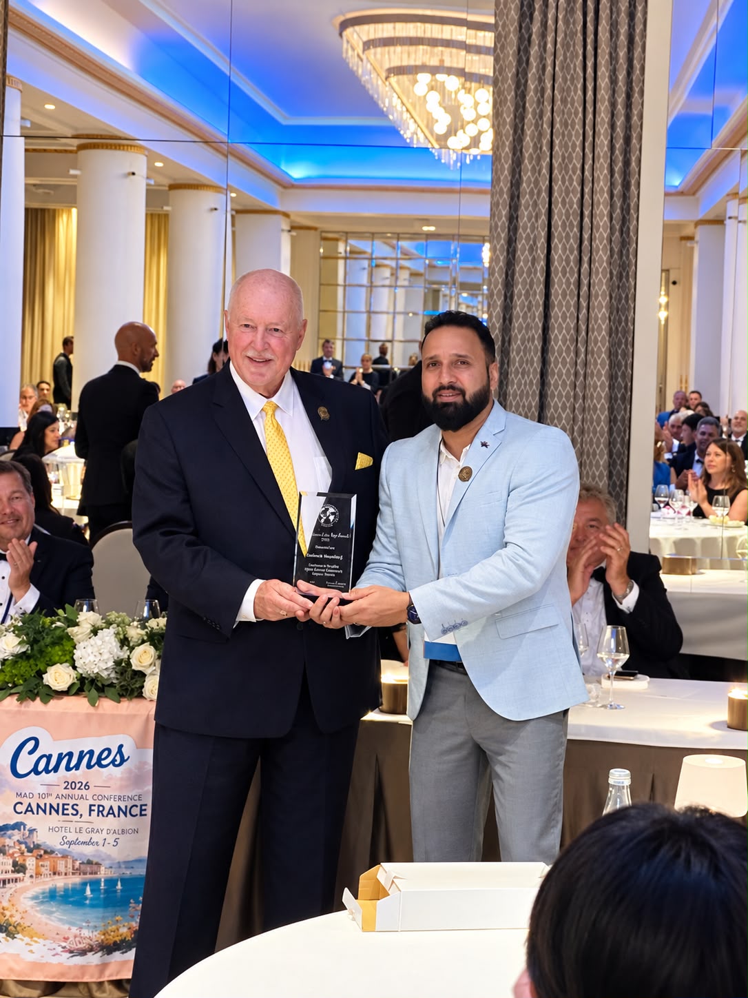 Hardesh Bhardwaj receiving the Investigator of the Year 2026 award from the World Association of Detectives in Cannes, France